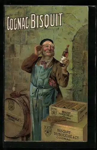 AK Älterer Herr mit Brille und Flasche in der Hand, Reklame für Cognac Bisquit