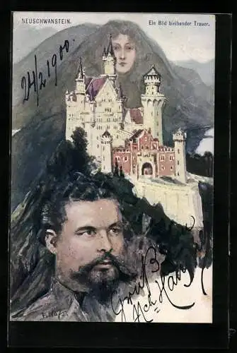 Künstler-AK Neuschwanstein, Berg mit Gesicht schaut trauend auf Ludwig II., Berggesichter