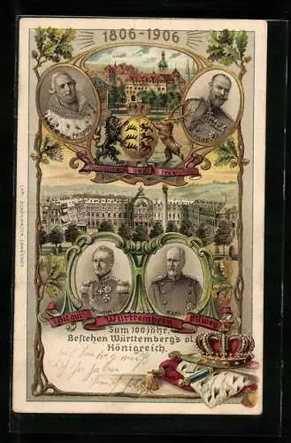 Lithographie Zum 100 jähr. Bestehen Württemberg`s Königreich, Wilhelm II., Wilhelm I. & Karl von Württemberg