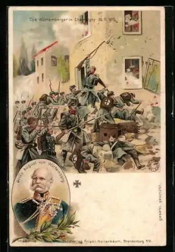 Lithographie Champigny, Württemberger am 30.11.1870 im Ort, Porträt Prinz August von Württemberg