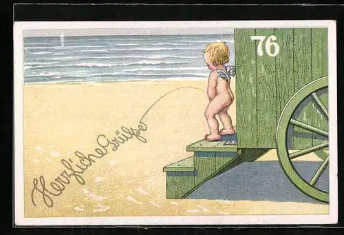 AK Kleiner Engel pinkeltl am Strand Herzliche Grüsse in den Sand
