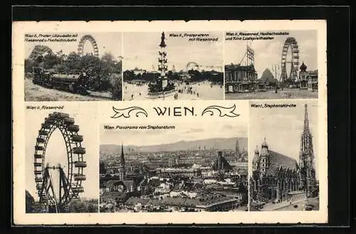 AK Wien, Prater, Liliputbahn, Riesenrad, Kino, Hochschaubahn