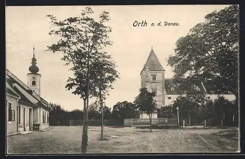 AK Orth a. d. Donau, Ortspartie mit Blick zur Kirche