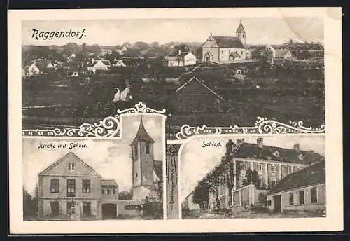 AK Raggendorf, Gesamtansicht, Kirche mit Schule, das Schloss