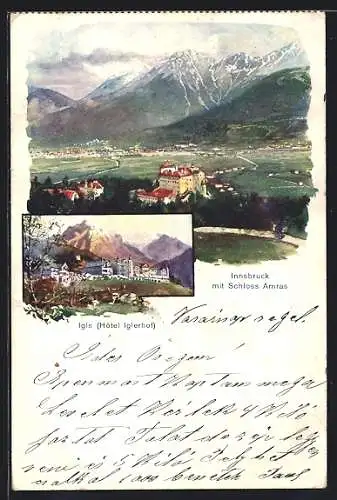 AK Innsbruck, Ortsansicht aus der Ferne vom Schloss Amras, Hotel Iglerhof