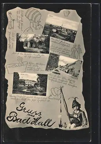 AK Bad Hall, Gesamtansicht mit der Kirche, Tassilo-Quelle, Marktplatz mit Rathaus, Curhaus