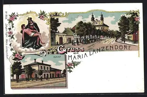 Lithographie Maria Lanzendorf, Kirche Bahnhof, Heilige