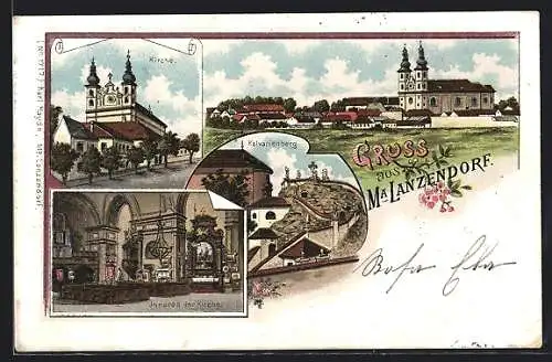 Lithographie Maria-Lanzendorf, Kirche, Kavarienberg, Ortsansicht