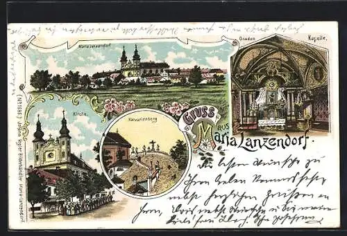 Lithographie Maria Lanzendorf, Wallfahrtskirche, Gnadenkapelle, Kalvarienberg, Ortsansicht