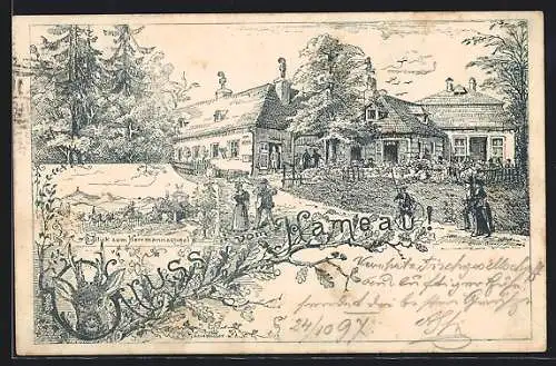 Lithographie Wien XVII, Hütte am Hameau, Blick zum Herrmannskogel