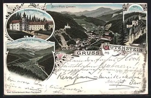 Lithographie Gutenstein, Kirche Mariahilf, Klosterthal mit Schneeberg, Gesamtansicht aus der Vogelschau