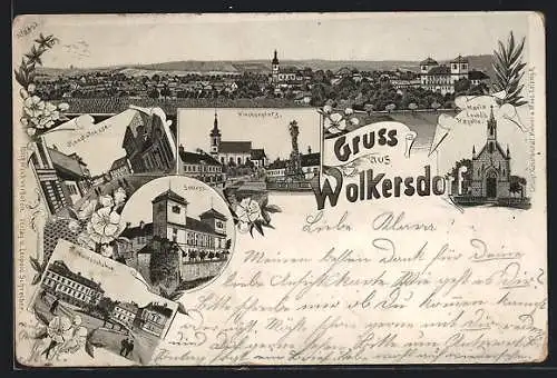 Lithographie Wolkersdorf, Hauptstrasse, Volksschule, Kirchenlpatz, Maria Lourd`s Kapelle, Schloss