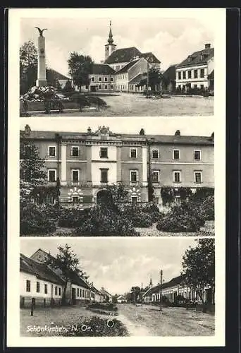 AK Schönkirchen, Denkmal, Strassenpartie und Ortspartie