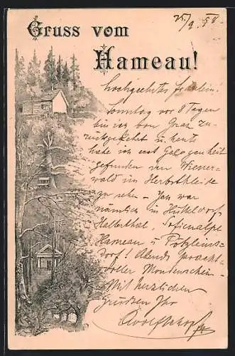Lithographie Wien, Hameau, Ortsansicht mit Wald