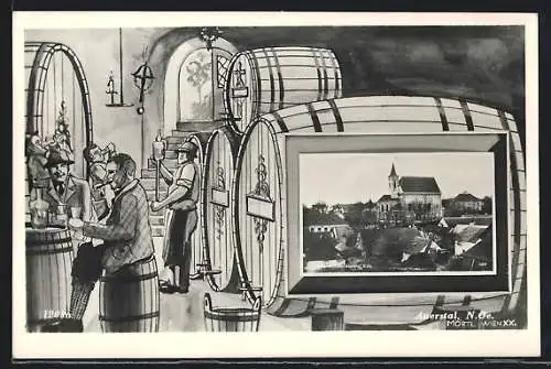 AK Auerstahl, Blick auf die Kirche, Ansicht im Fass, daneben Weintrinker