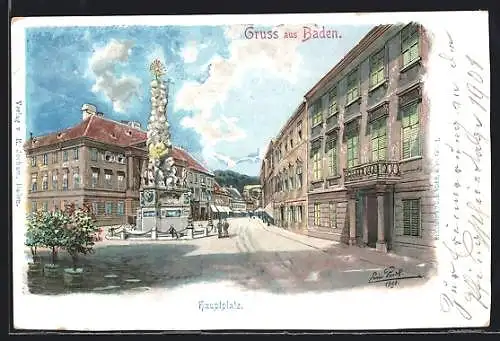 Lithographie Baden, Blick über den Hauptplatz