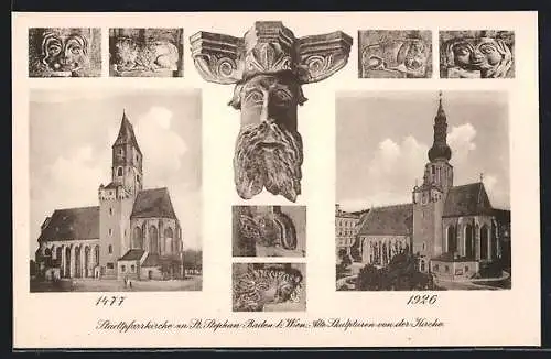 AK Baden b. Wien, Stadtpfarrkirche St. Stephan und alte Skulpturen von der Fassade