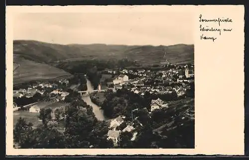 AK Schönberg am Kamp, Ortsansicht am Fluss vom Berg aus