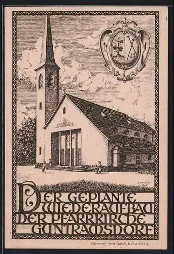 Künstler-AK Guntramsdorf, Geplanter Wiederaufbau der Pfarrkirche