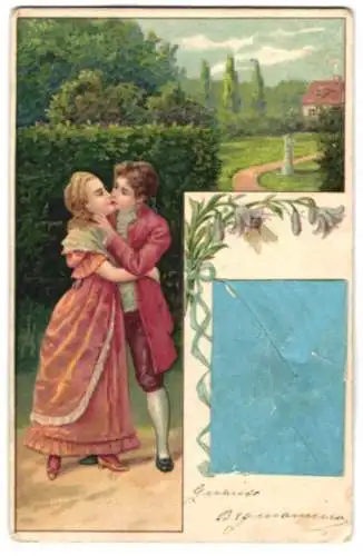 Lithographie Junges Paar küsst sich im Garten, aufgeklebter Briefumschlag