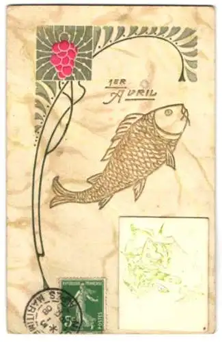 AK Goldener Fisch mit aufgeklebter Grusskarte, Katze fängt einen Vogel