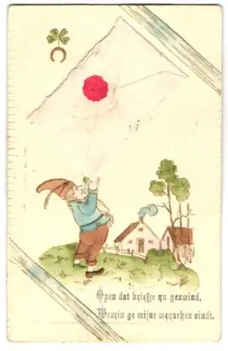 AK Zwerg hält einen grossen Brief, Karte im Inneren