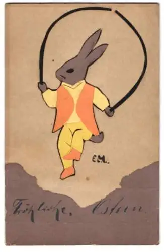 AK Kleiner Osterhase beim Seilspringen, aufgeklebt aus Papier