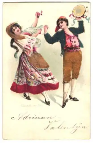 AK Paar beim italienischen Volkstanz in Hose und Schürze aus Filz