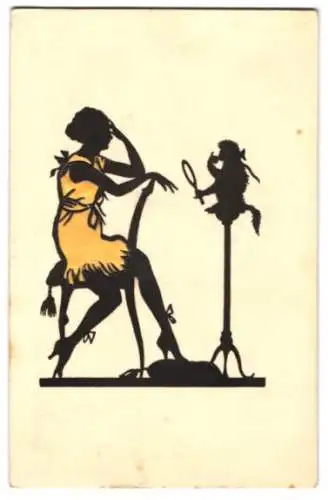 AK Junge Frau konversiert mit einem Affen, gelbes Kleid aus Stoff