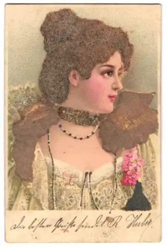 Lithographie Schöne Dame mit Perlenkette und Haaren aus Filz