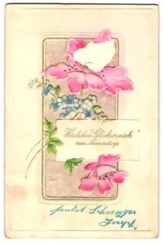AK Rosane Blumen und Vergissmeinnicht aufgeklebt auf Stoff