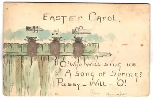 AK Easter Carol, Drei singende Katzen auf einem Zaun, das Fell aus echtem Stoff