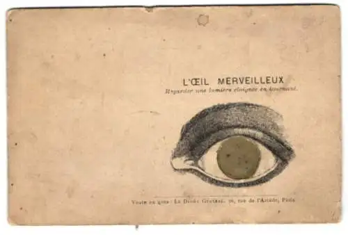 AK Zeichnung eines Auges, die Pupille durch durchscheinenden Stoff ersetzt