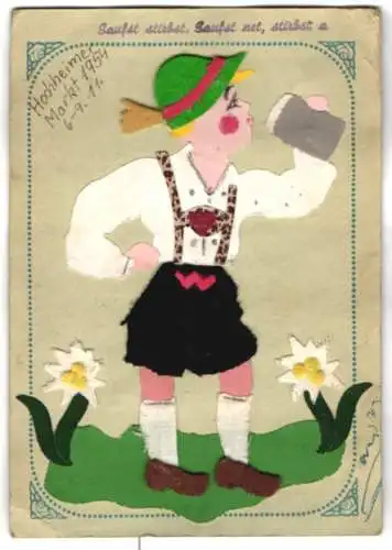 AK Mann aus Papier in Tracht aus echtem Stoff trinkt einen Humpen Bier, Hochheimer Markt 1954