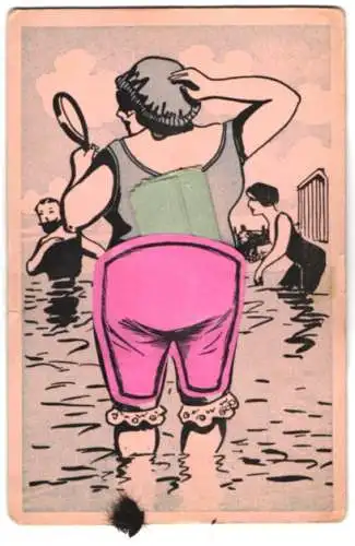 AK Eine Dame mit Badekappe und Unterrock im Wasser, ein Brief in der Hose