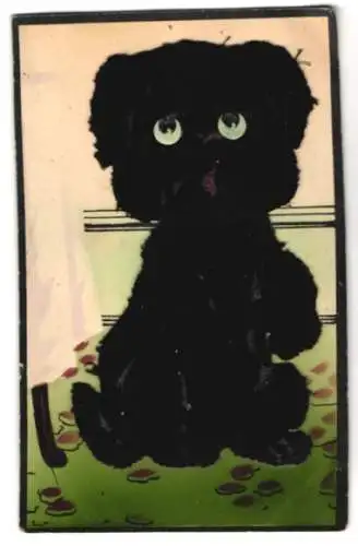 AK Ein Kleiner Hund mit Fell aus echtem Stoff sitzt auf seinen Hinterpfoten