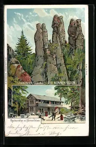 Lithographie Schwenke Ser. 5 Nr. 2: Nonnenfelsen im Lausitzer Gebirge mit Restaurant, Berg mit Gesicht / Berggesichter