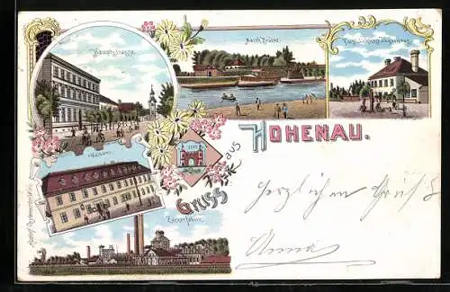 Lithographie Hohenau an der March, Waldamt, Zuckerfabrik, Hauptstrasse, Jägerhaus