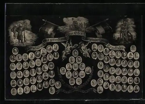 AK Ernsthofen, Gefallenentafel mit Portraits, Szenen im Felde, Flaggen