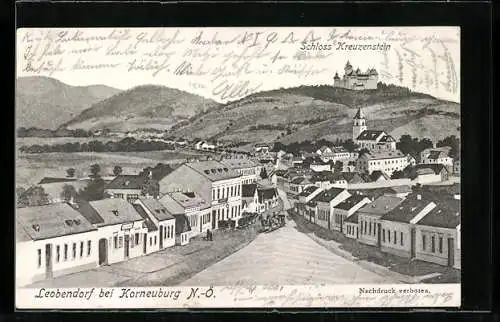 AK Leobendorf /Korneuburg, Ortsansicht mit Strasse und Schloss Kreuzenstein