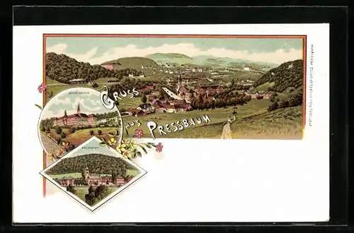 Lithographie Pressbaum, Sacre Coeur, Gesamtansicht mit Blick in die Berge