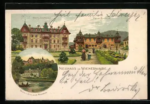 Lithographie Neuhaus im Wienerwald, Hotel Stephanie, Teich am Schloss