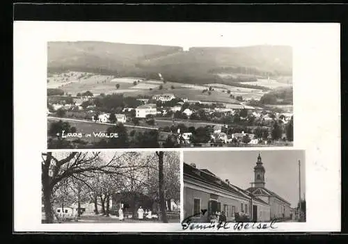 AK Laab im Walde, Gasthaus zum Dicken Wirt R. Dopplinger, Strassenpartie mit Kirche, Gesamtansicht