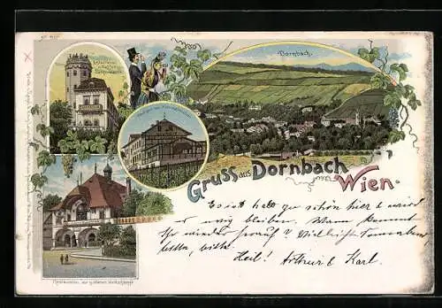 Lithographie Wien-Dornbach, Ortsansicht, Gasthaus Heuriger zur Himmelsmutter, Restaurant Sängerwarte