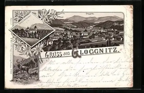 Lithographie Gloggnitz, Totalansicht, Schloss Wartenstein & Hirsch