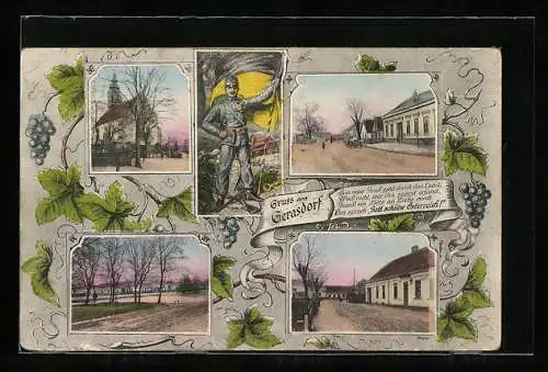 Passepartout-AK Gerasdorf, Strassenpartien, Kirche, Soldat mit österr. Flagge, Weintrauben