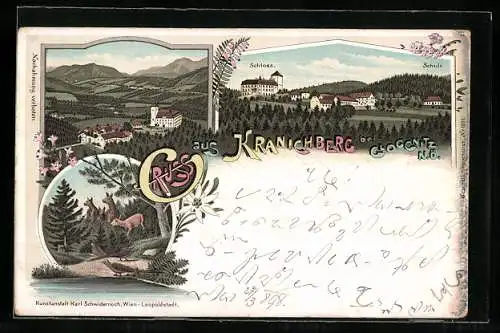 Lithographie Kranichberg /Gloggnitz, Ortspartien mit Schloss, Schule und Bergpanorama, Rehe