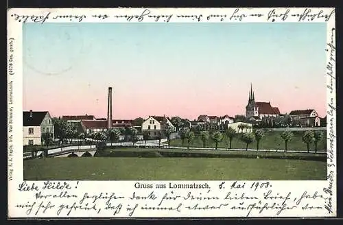 AK Lommatzsch, Ortspartie mit Kirche und Strassenpartie