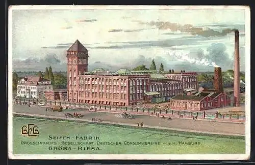 Künstler-AK Riesa-Gröba, Seifen-Fabrik