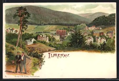 Lithographie Ilmenau / Thüringen, Ortsansicht aus der Vogelschau